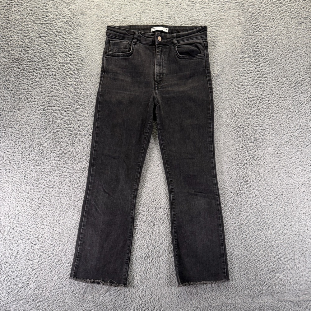 Zara Jeans Womens 6 Black Cotton Denim Cropped Leg Workwear Frayed-Hem Stretch